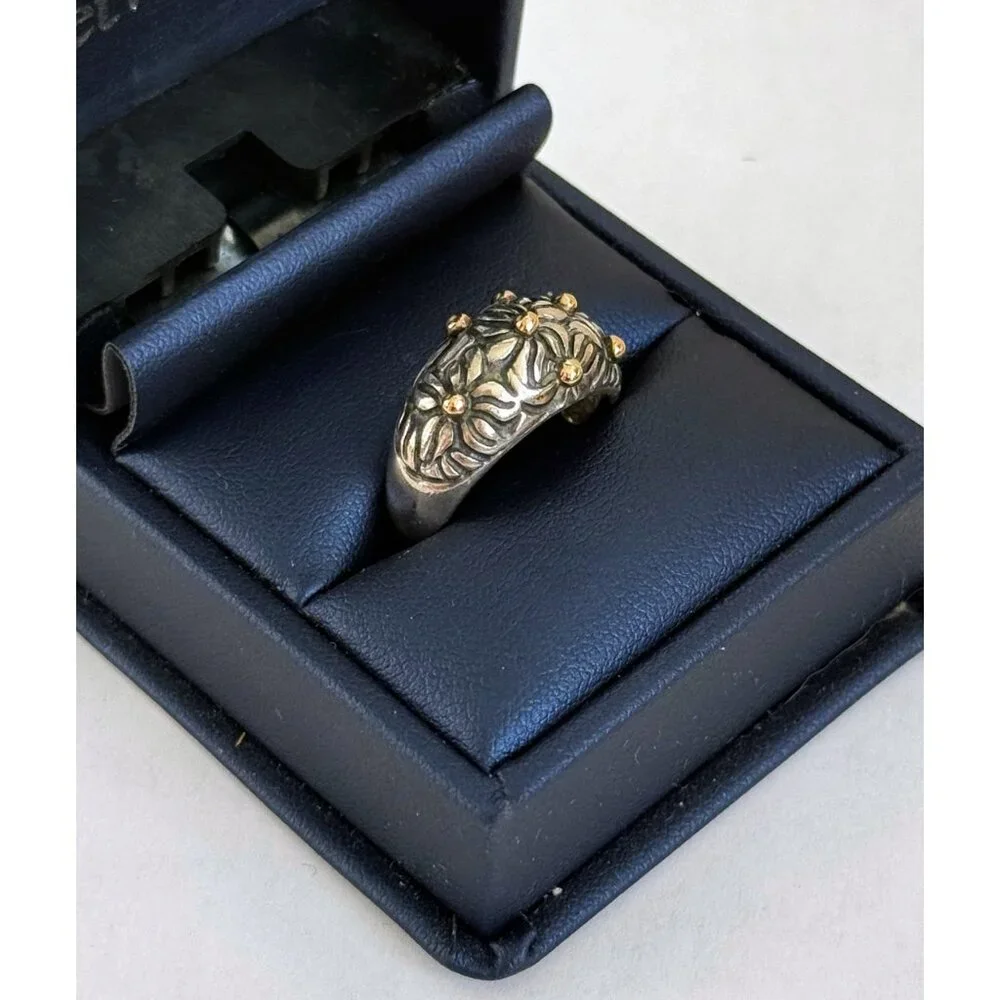 Vintage 90's 925 silver Floral Dome Ring Gold Vermeil Dots 6.4g Size 6 3/4 - Picture 10 of 12